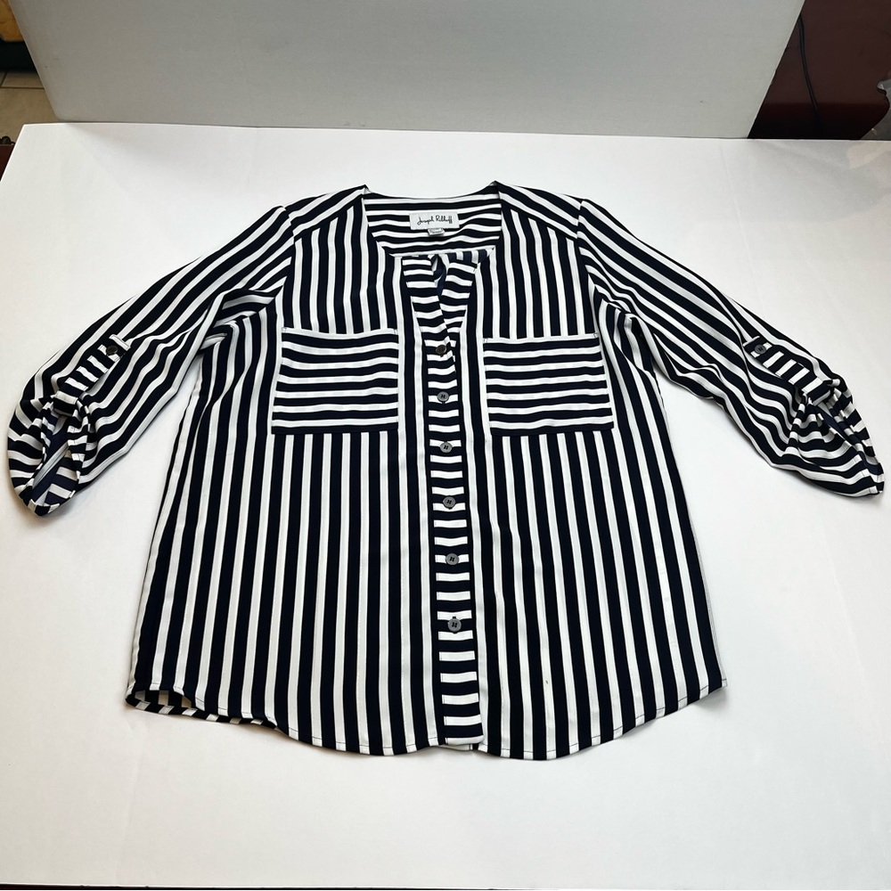 Joseph Ribkoff Womens Size 6 Navy White Silver Stripe Blouse Top *TINY FLAW